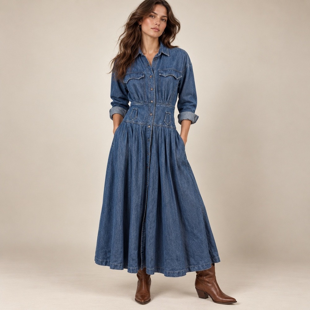 Ruff Hewn Denim Maxi Dress Womens M Blue Vintage Western Fit Flare Cowgirl Boho